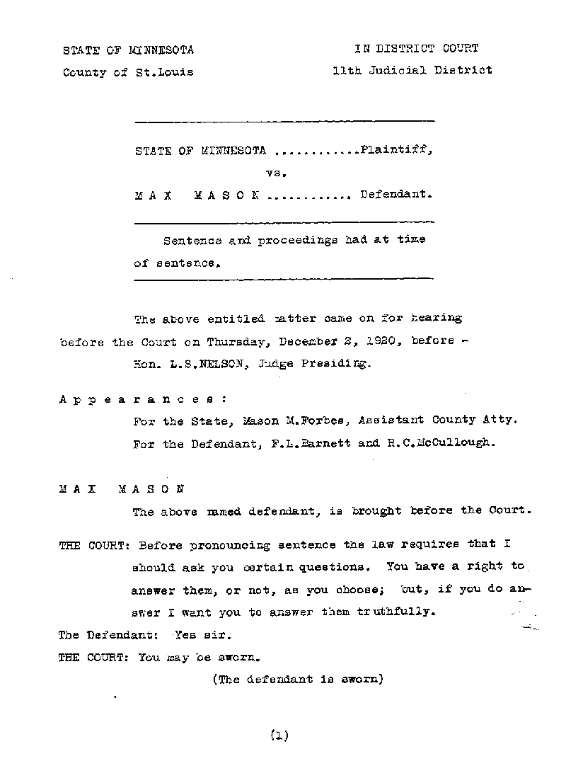 Max Mason. Case No. 6785. Sentence Record. August 1921.--Gov't Record(s)--Sentence Record (gif)