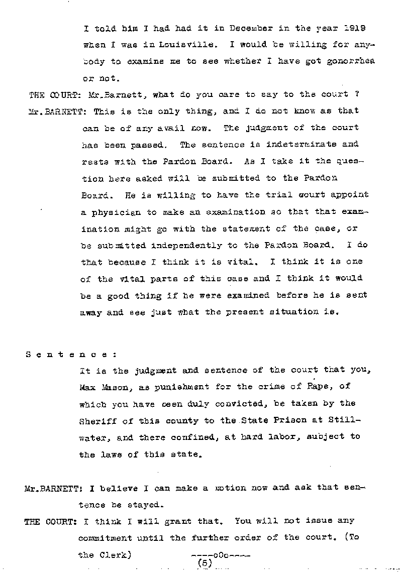 Max Mason. Case No. 6785. Sentence Record. August 1921.--Gov't Record(s)--Sentence Record (gif)