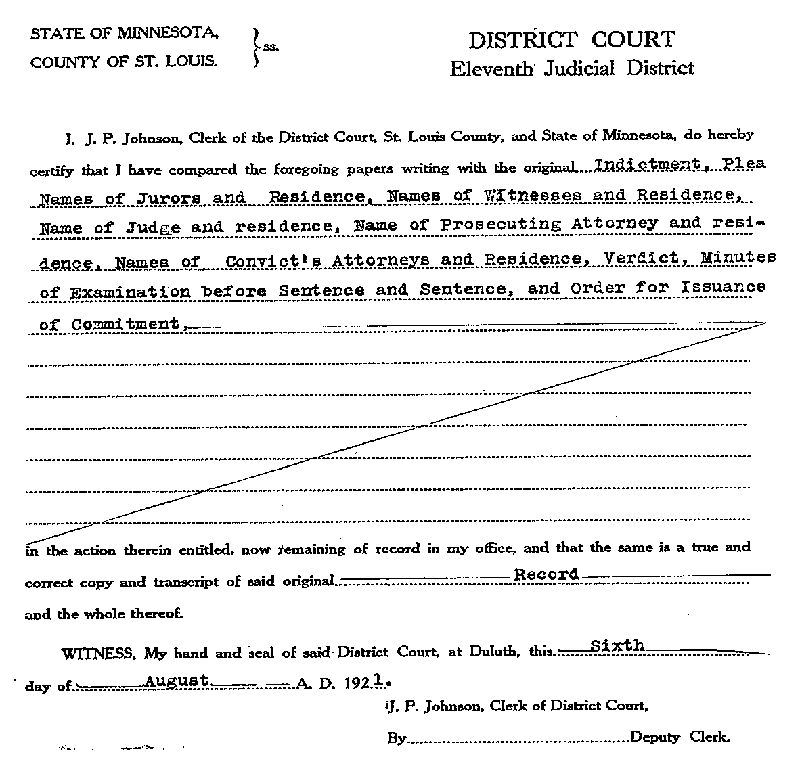 Max Mason. Case No. 6785. Clerk's Certificate. August 1921.