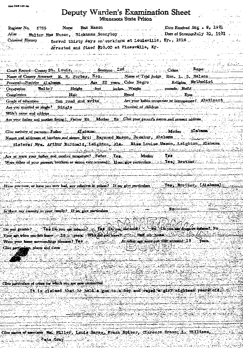 Max Mason. Case No. 6785. Deputy Warden's Examination Sheet.--Gov't Record(s)--Deputy Warden's Examination Sheet (gif)