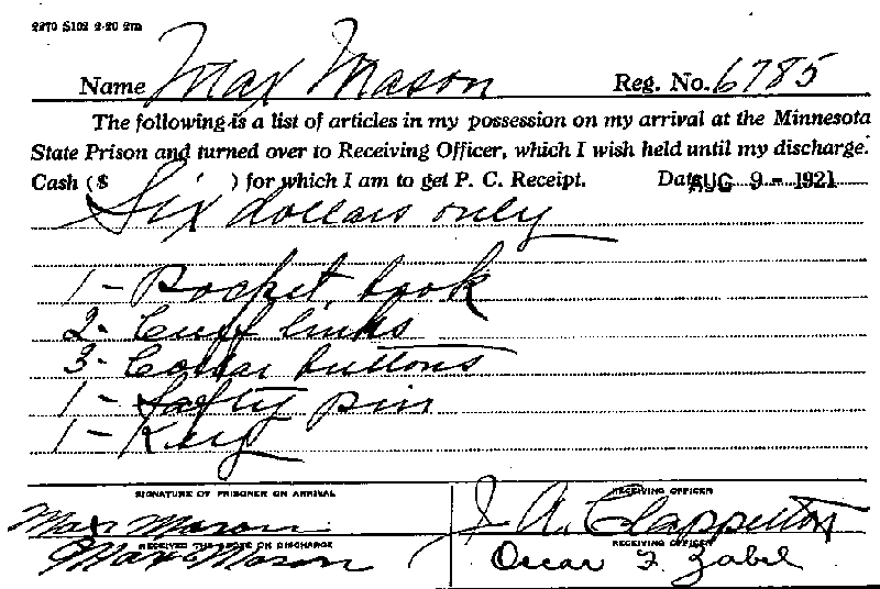 Max Mason. Case No. 6785. List of Items Turned Over to Receiving Officer.
