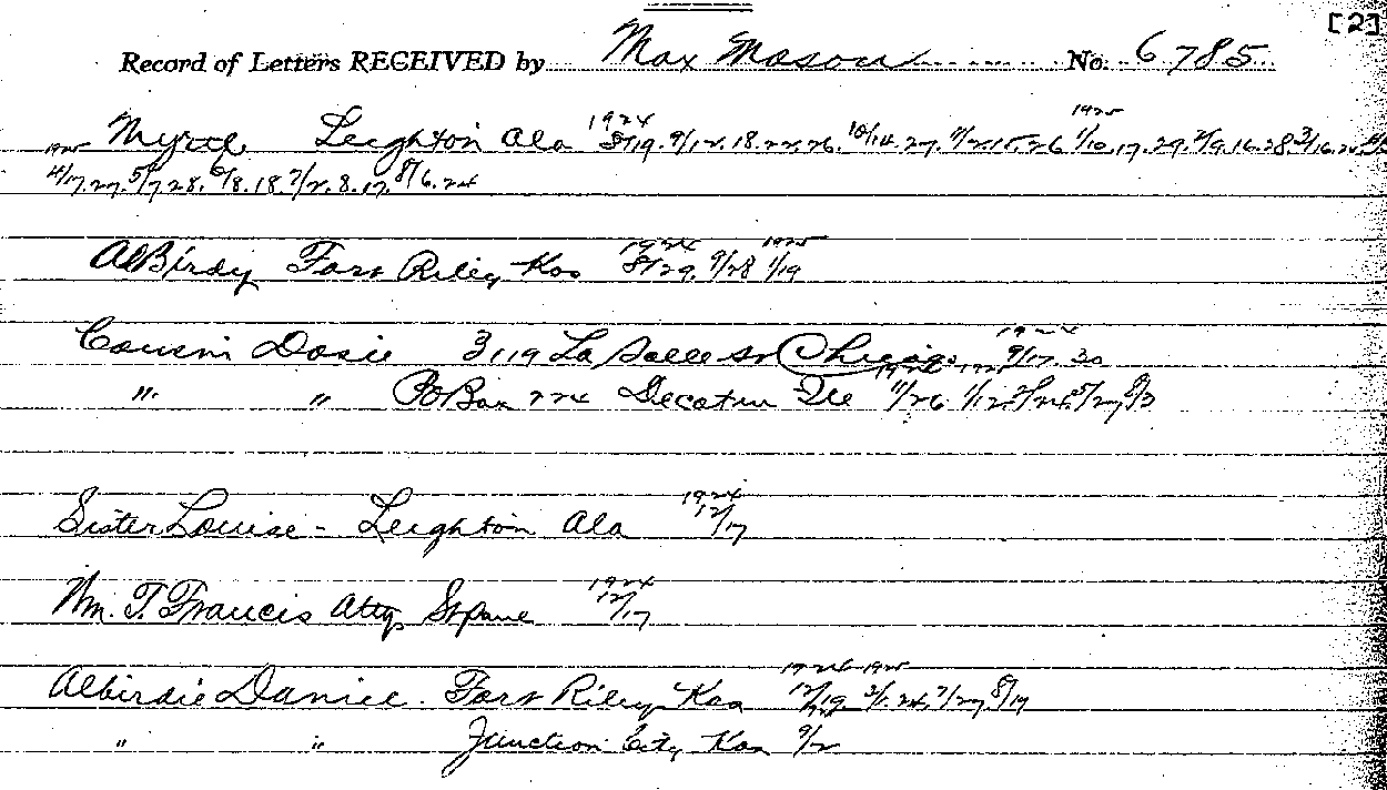 Max Mason. Case No. 6785. Record of Letters Received and Written. --Gov't Record(s)--Record of Letters Received and Written (gif)