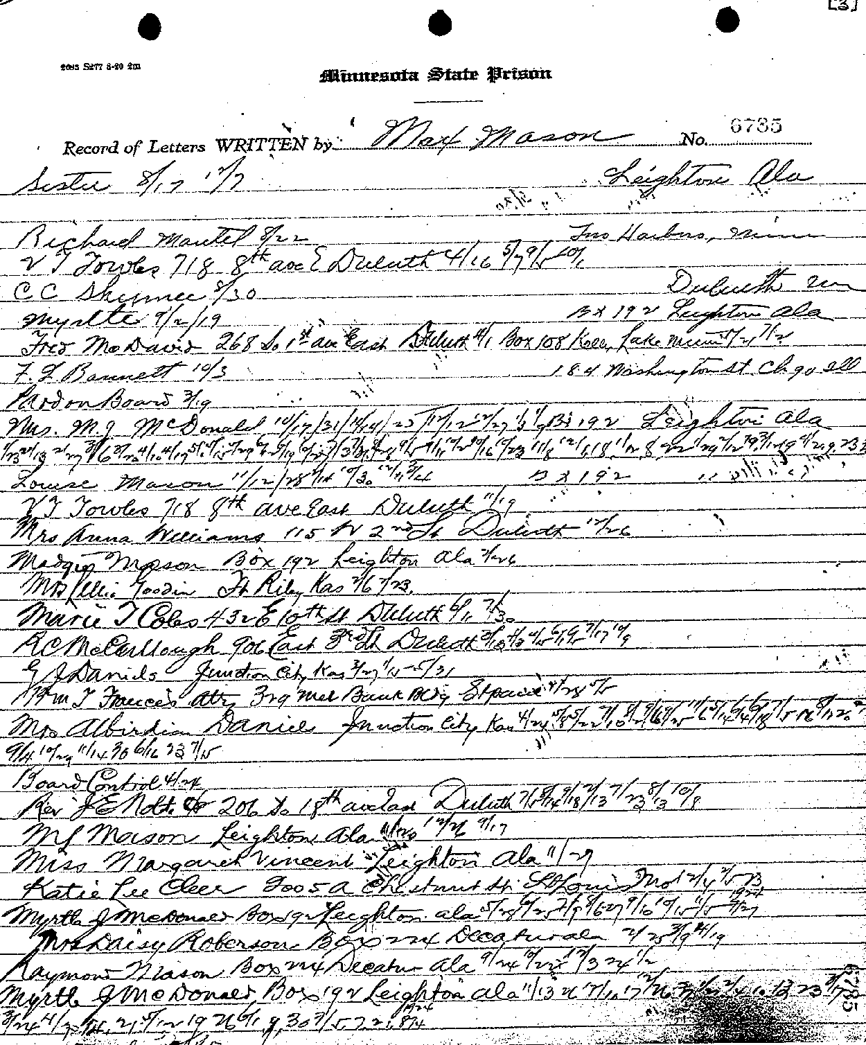 Max Mason. Case No. 6785. Record of Letters Received and Written. --Gov't Record(s)--Record of Letters Received and Written (gif)