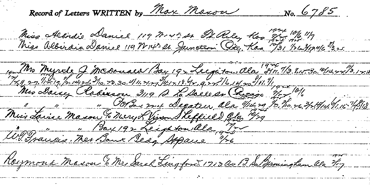 Max Mason. Case No. 6785. Record of Letters Received and Written. --Gov't Record(s)--Record of Letters Received and Written (gif)