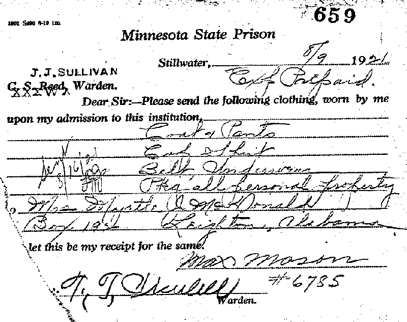 Max Mason. Case No. 6785. Forwarding of Clothing.