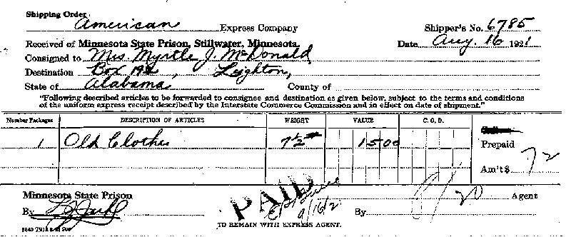 Max Mason. Case No. 6785. Shipping Order, August 16, 1921.