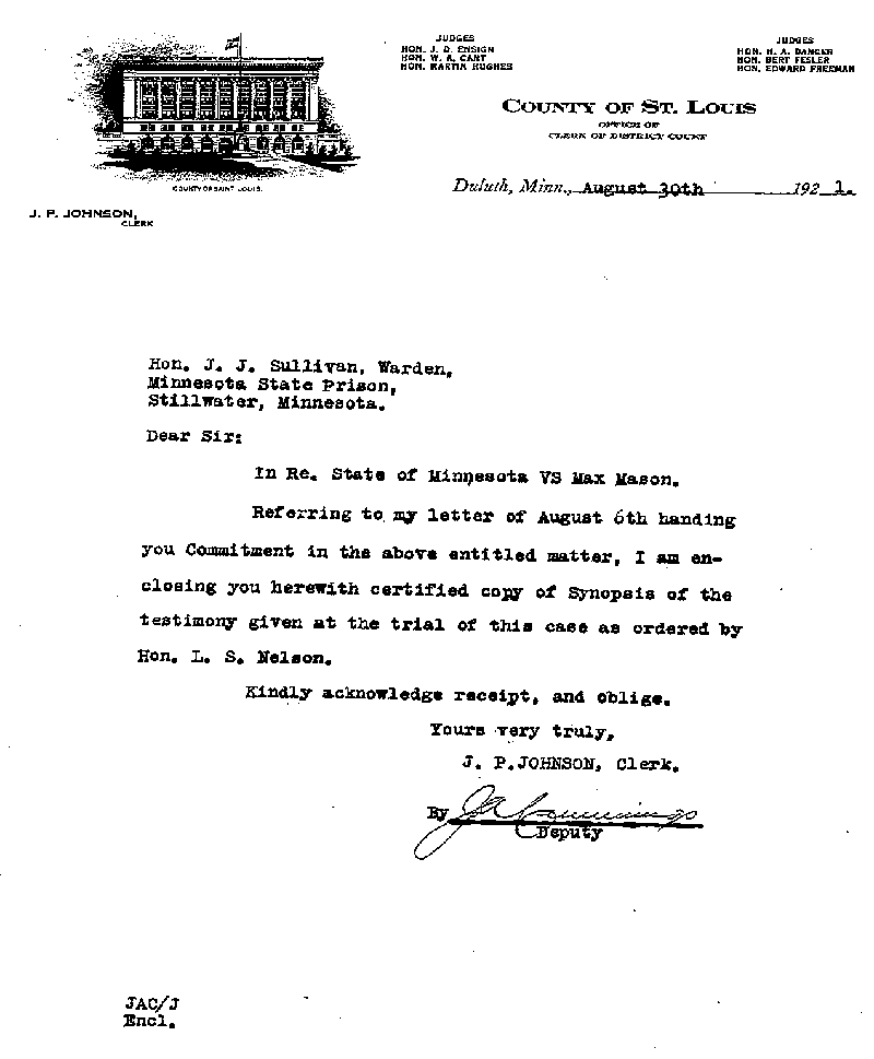 Max Mason. Case No. 6785. Letter from J. P. Johnson to J. J. Sullivan, August 30, 1921.