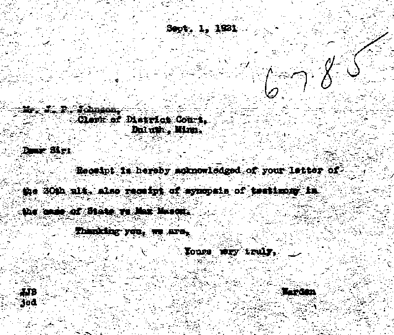 Max Mason. Case No. 6785. Letter from J. J. Sullivan to J. P. Johnson, September 1, 1921.