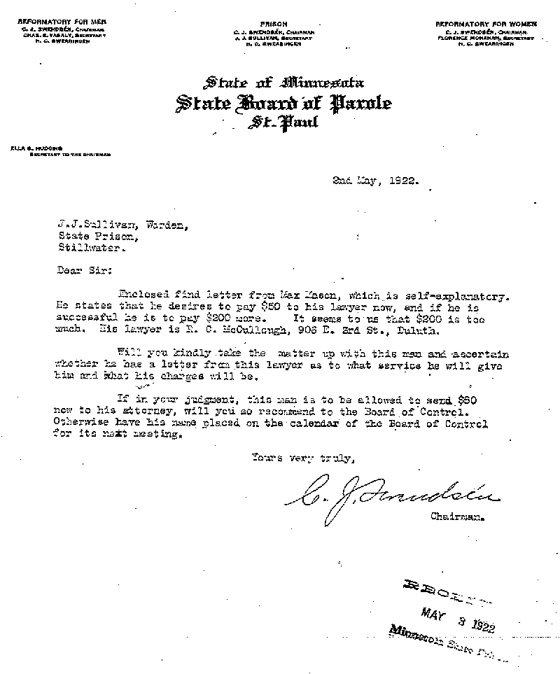 Max Mason. Case No. 6785. Letter from C. J. Swendsen to J. J. Sullivan, May 2, 1922.