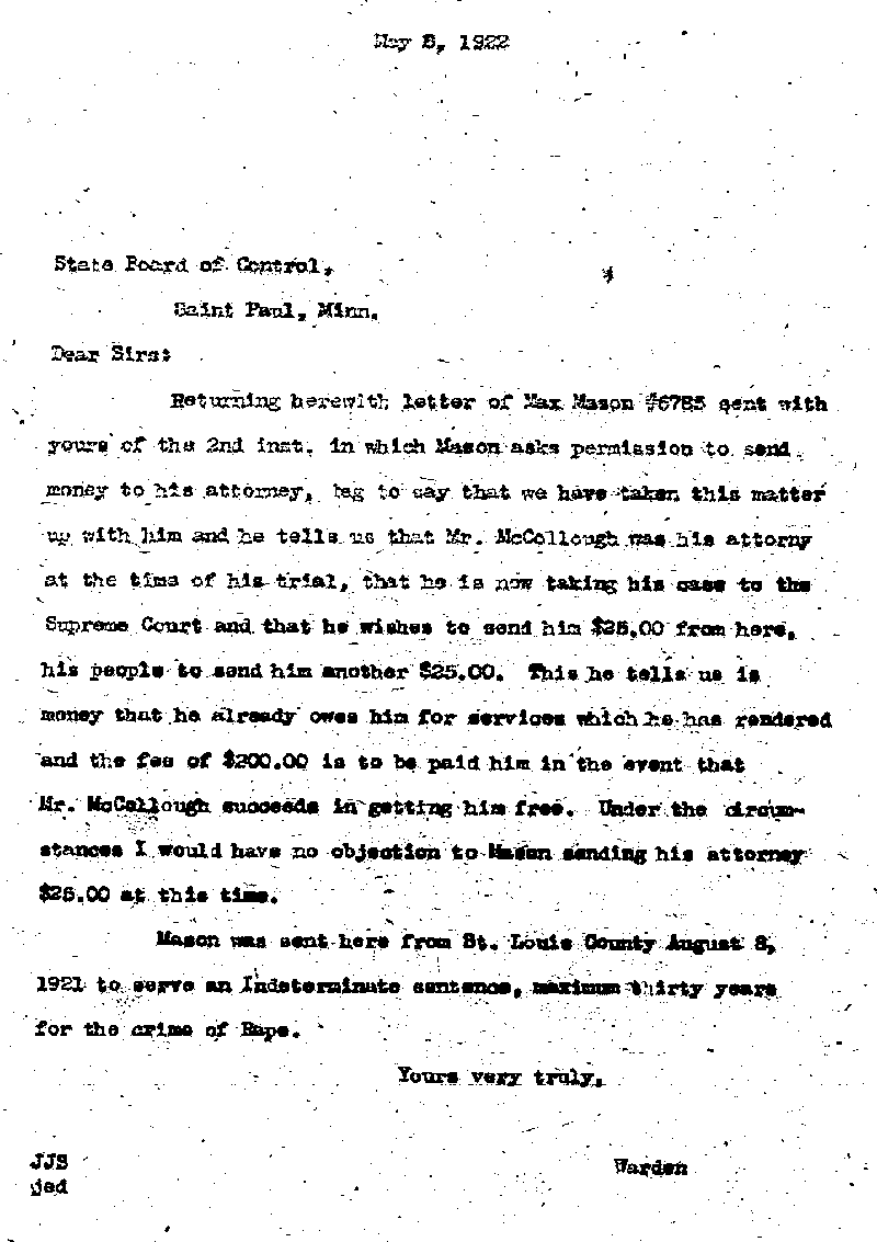 Max Mason. Case No. 6785. Letter from J. J. Sullivan to State Board of Control, May 8, 1922.