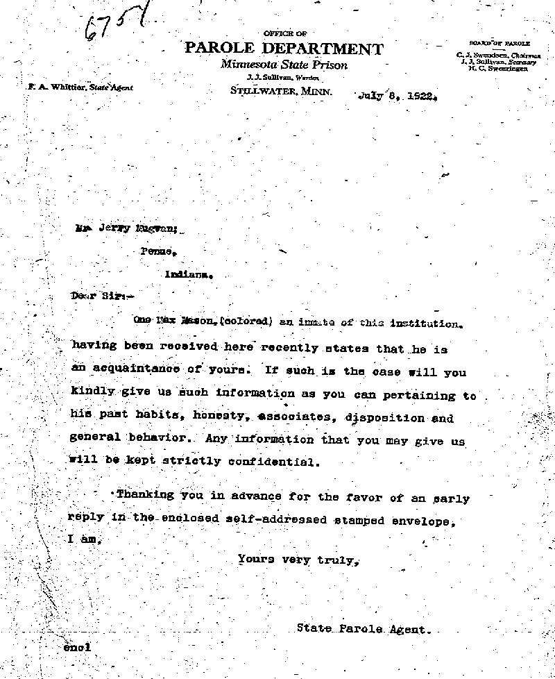 Max Mason. Case No. 6785. Letter from Frank A. Whittier to Jerry Mugivan, July 8, 1922.
