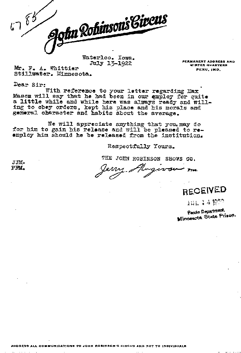 Max Mason. Case No. 6785. Letter from Jerry Mugivan to Frank A. Whittier, July 13, 1922.
