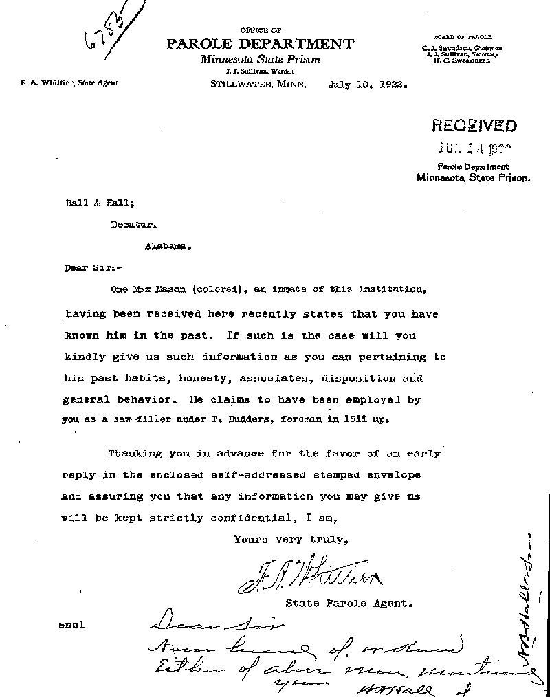Max Mason. Case No. 6785. Letter from Frank A. Whittier to Hall & Hall, July 10, 1922.