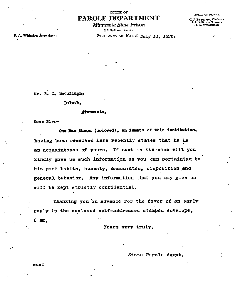 Max Mason. Case No. 6785. Letter from Frank A. Whittier to R. C. McCullough, July 10, 1922.