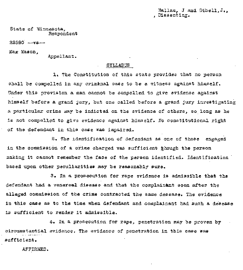 Max Mason. Case No. 6785. Supreme Court Syllabus and Dissent.--Gov't Record(s)--Supreme Court Syllabus and Dissent (gif)