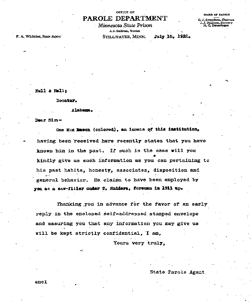 Max Mason. Case No. 6785. Letter from Frank A. Whittier to Hall & Hall, July 10, 1922.
