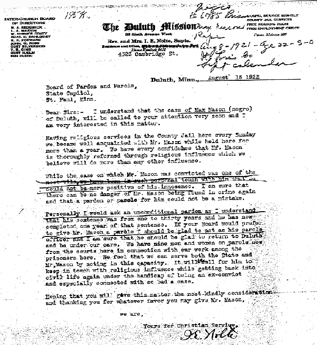 Max Mason. Case No. 6785. Letter from I. E. Nolte to State Board of Parole, August 19, 1922.--Correspondence (gif)