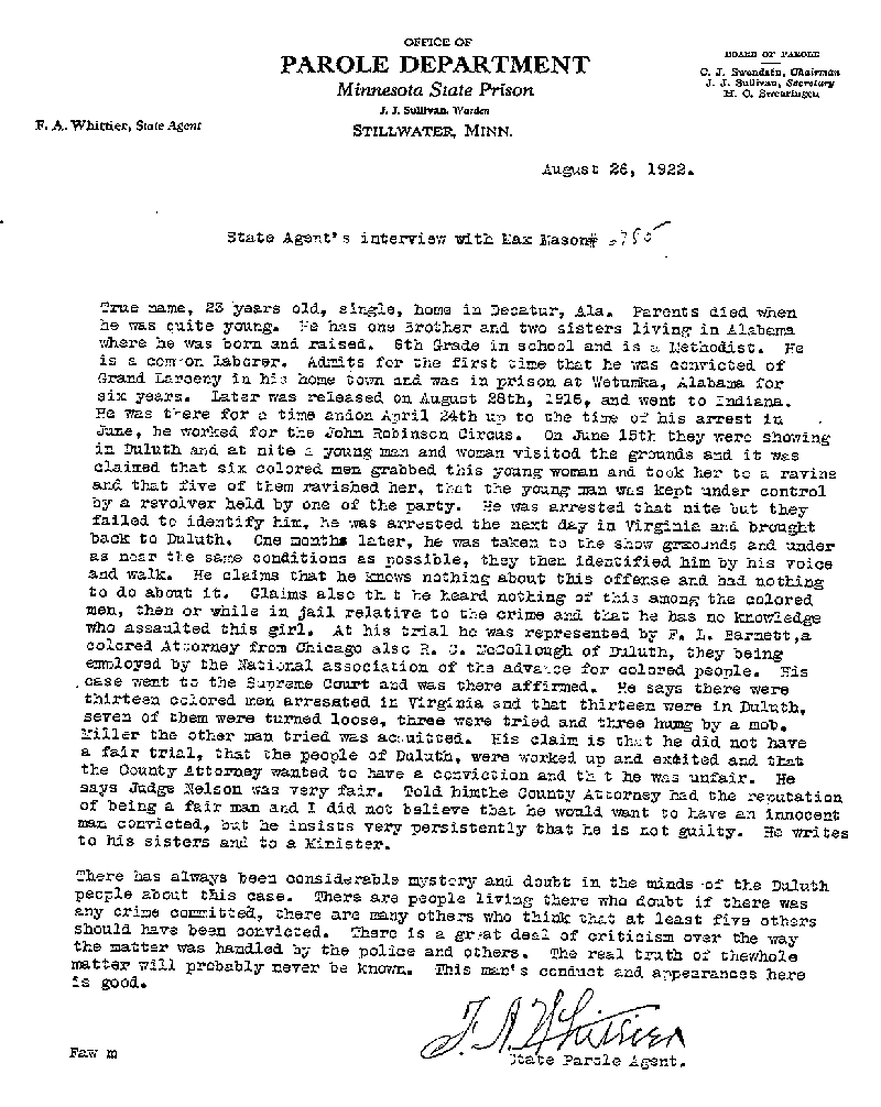 Max Mason. Case No. 6785. Interview with Max Mason, August 26, 1922.