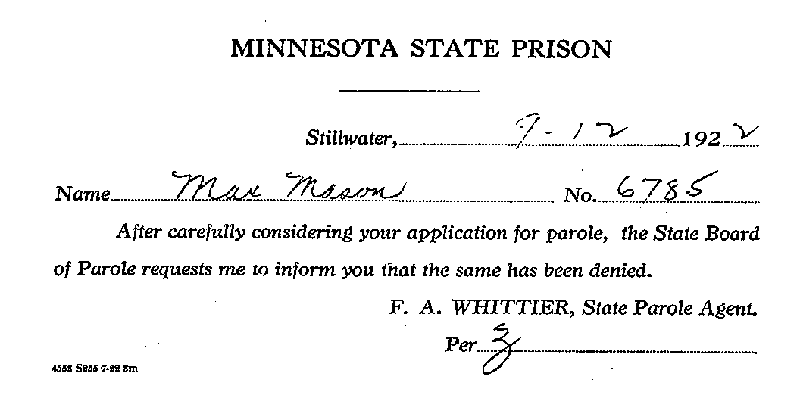 Max Mason. Case No. 6785. Parole Notice, September 12, 1922.