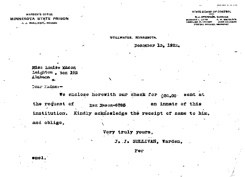 Max Mason. Case No. 6785. Letter from J. J. Sullivan to Louise Mason, December 13, 1922.