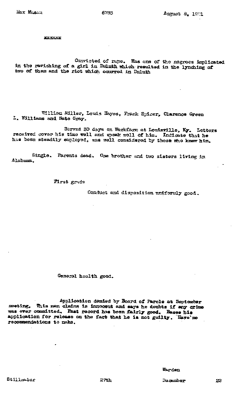 Max Mason. Case No. 6785. Warden's Summary, December 27, 1922.