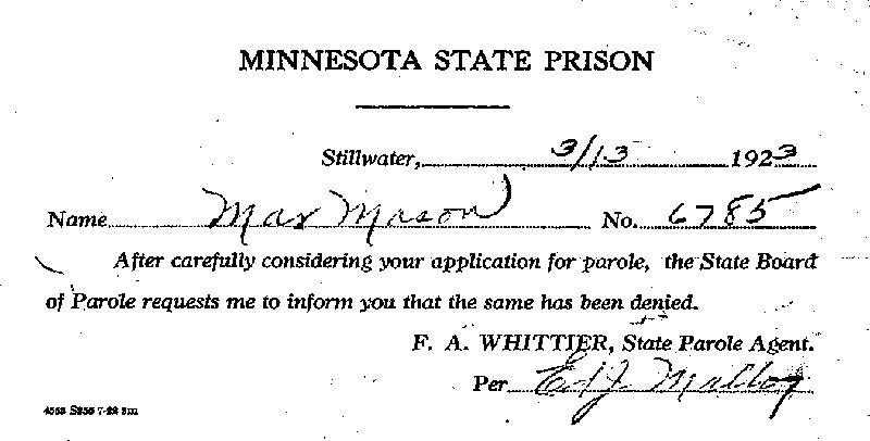 Max Mason. Case No. 6785. Parole Notice, March 13, 1923.