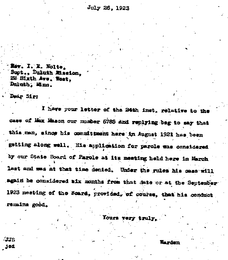Max Mason. Case No. 6785. Letter from J. J. Sullivan to I. E. Nolte, July 26, 1923.