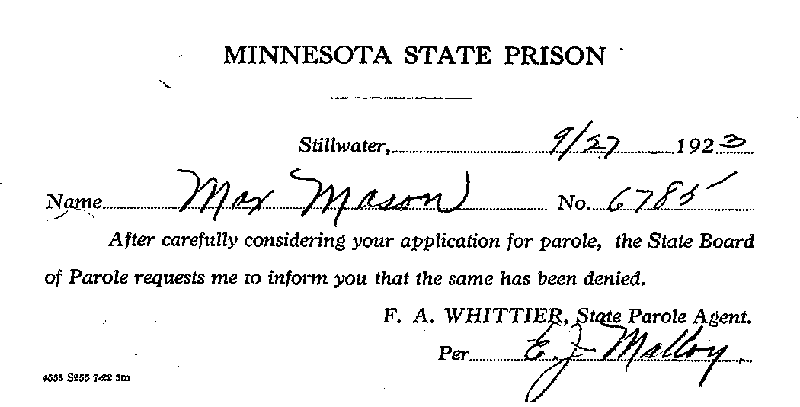 Max Mason. Case No. 6785. Parole Notice, September 27, 1923.