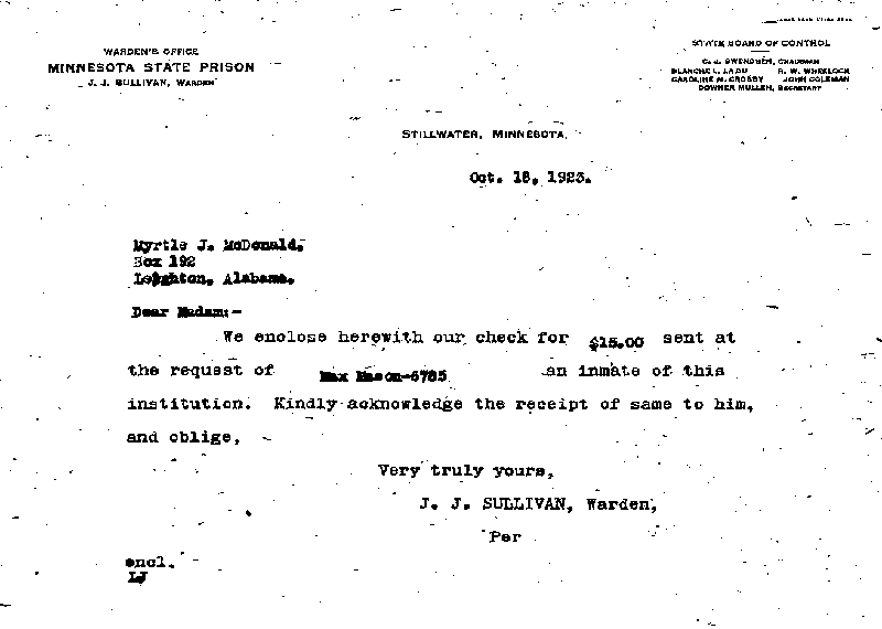 Max Mason. Case No. 6785. Letter from J. J. Sullivan to Myrtle J. McDonald, October 18, 1923.