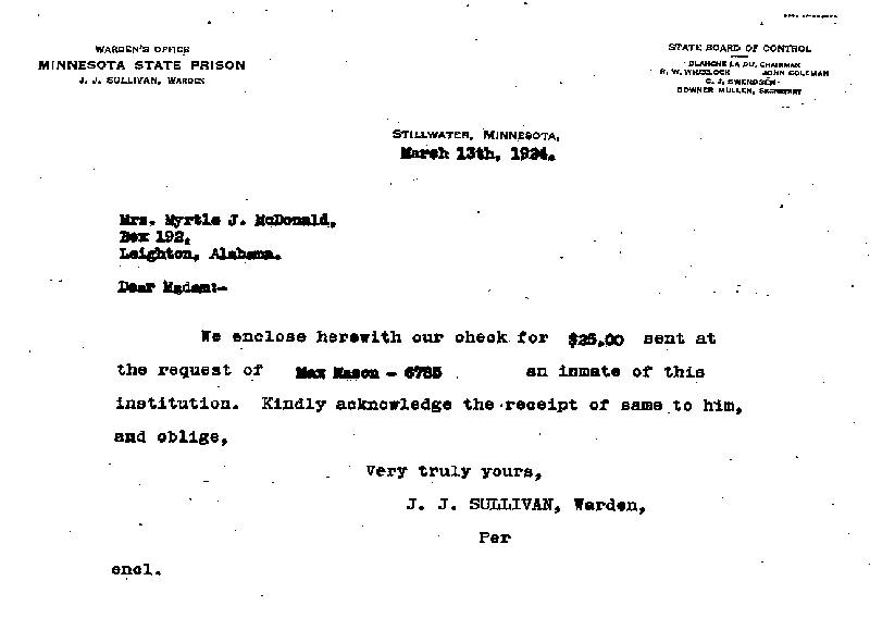 Max Mason. Case No. 6785. Letter from J. J. Sullivan to Myrtle J. McDonald, March 13, 1924.