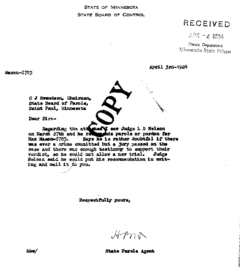 Max Mason. Case No. 6785. Letter from H. B. Whittier to C. J. Swendsen, April 3, 1924.