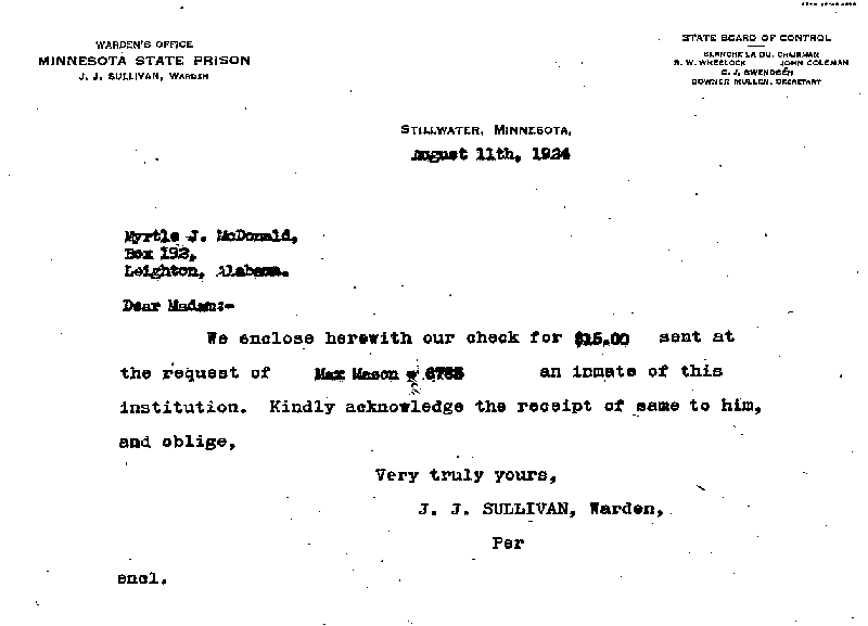 Max Mason. Case No. 6785. Letter from J. J. Sullivan to Myrtle J. McDonald, August 11, 1924.