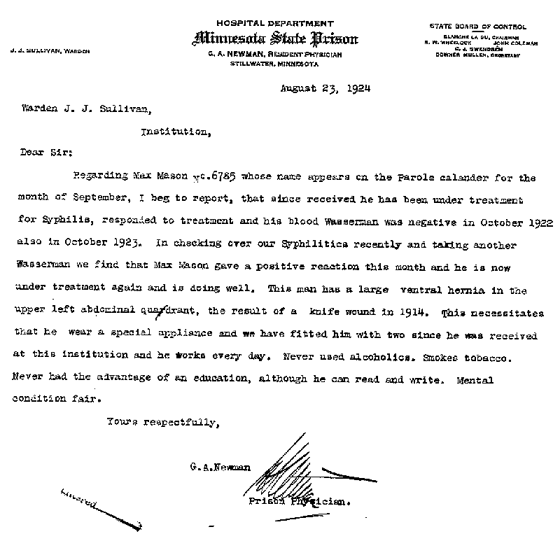 Max Mason. Case No. 6785. Letter from G. A. Newman to J. J. Sullivan, August 23, 1924.