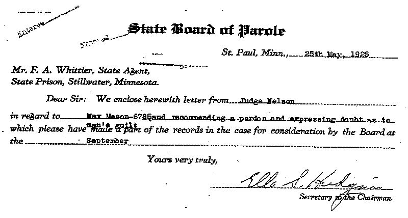  Max Mason. Case No. 6785. Letter from L. S. Nelson to State Board of Parole, May 25, 1925.--Correspondence (gif)