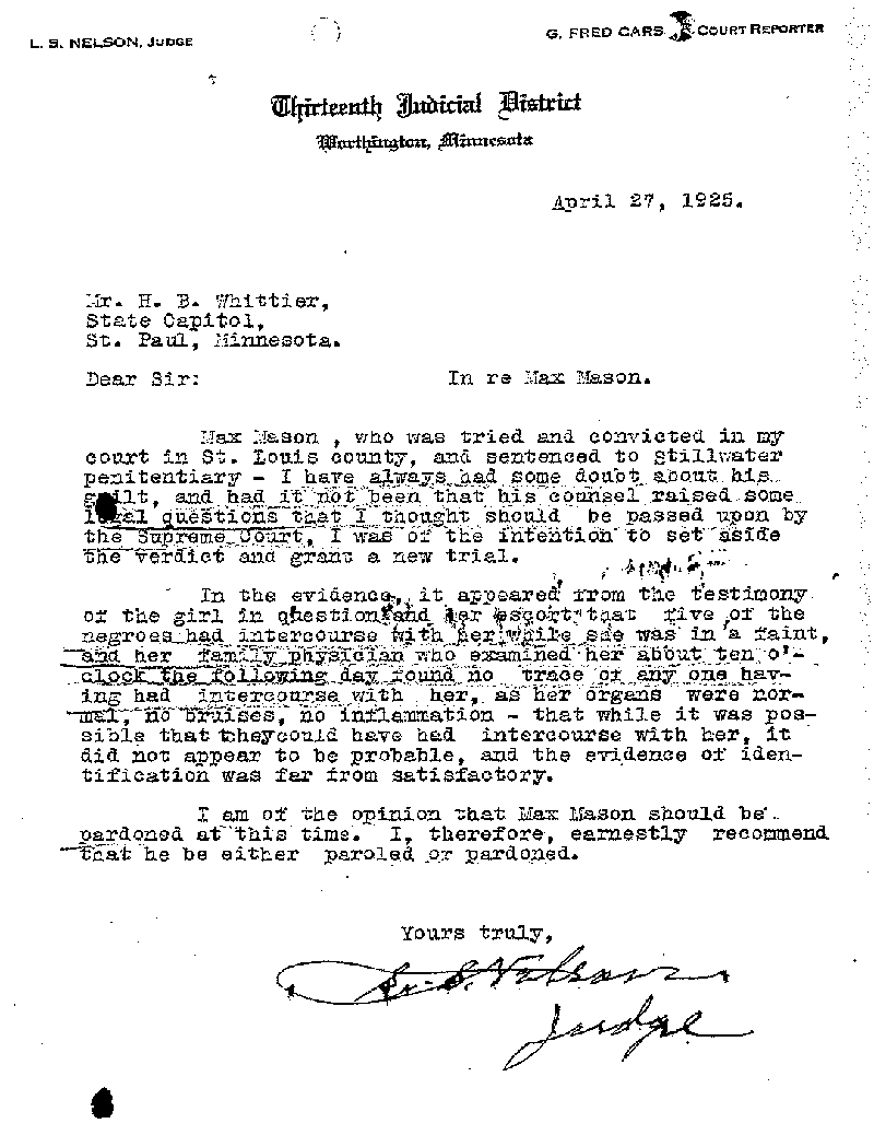  Max Mason. Case No. 6785. Letter from L. S. Nelson to State Board of Parole, May 25, 1925.--Correspondence (gif)