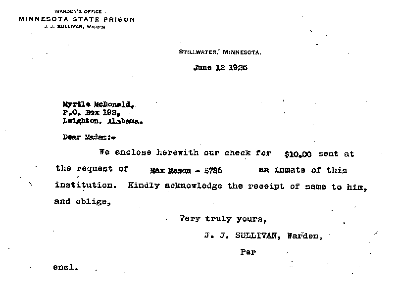 Max Mason. Case No. 6785. Letter from J. J. Sullivan to Myrtle J. McDonald, June 12, 1925.