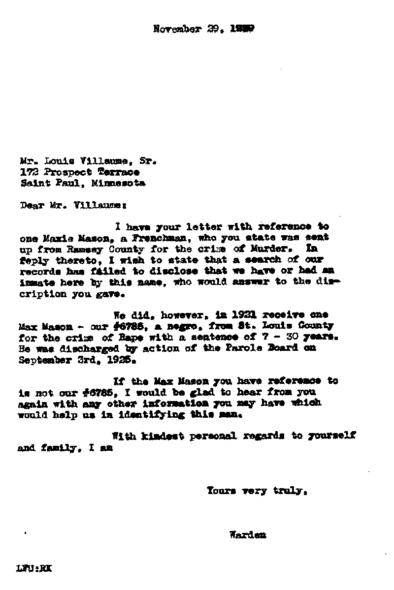 Max Mason. Case No. 6785. Letter from L. F. Utrecht to Louis Villaume, Sr., November, 29, 1939.