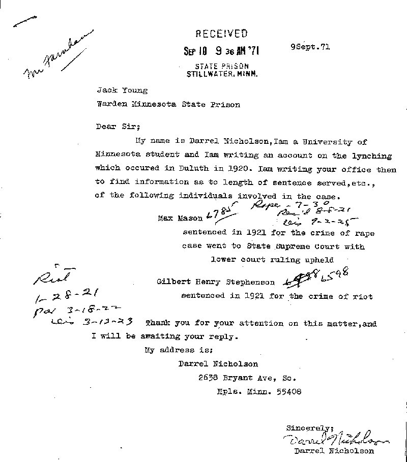 Max Mason. Case No. 6785. Letter from Darrel Nicholson to Jack Young, September 9, 1971.