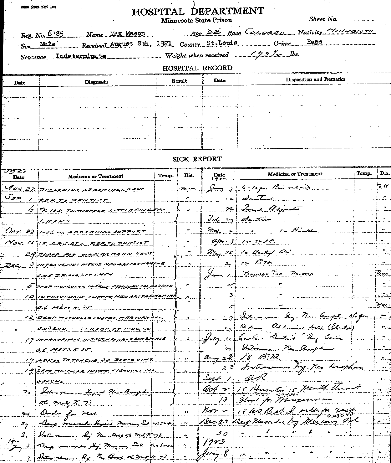 Max Mason. Case No. 6785. Sick Report.--Gov't Record(s)--Sick Report (gif)