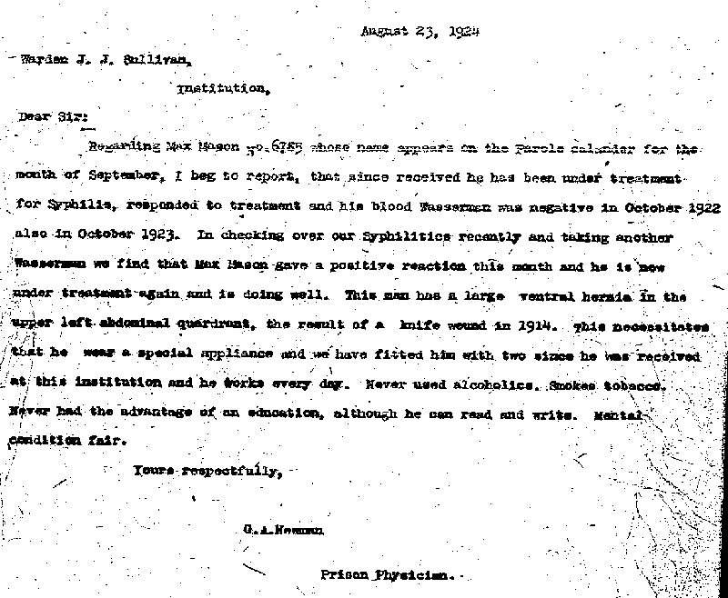 Max Mason. Case No. 6785. Physician's Letter.