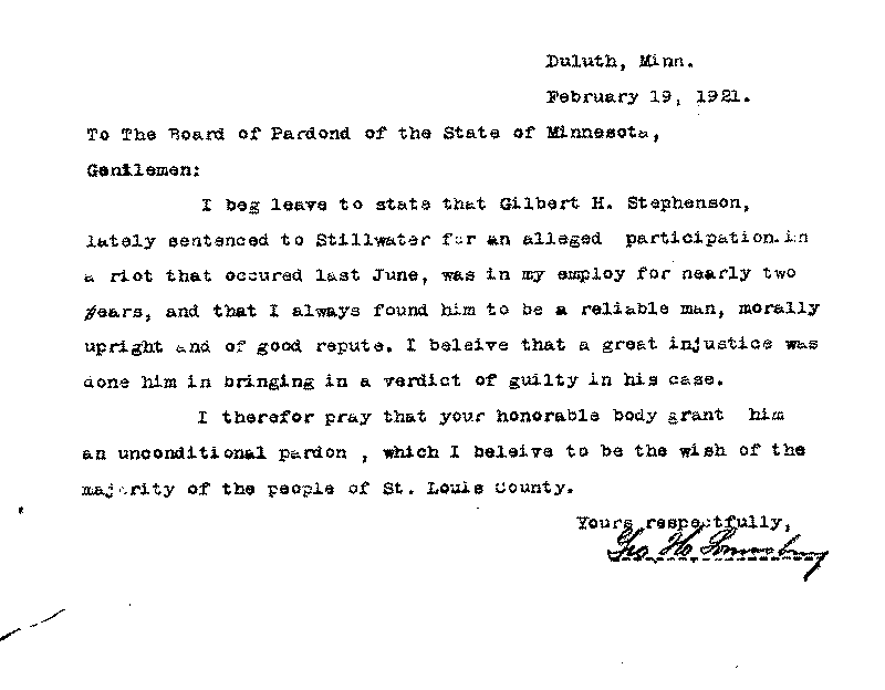Gilbert Henry Stephenson. Application No. 5151. Letter from George H. Lounsberry to Board of Pardons, February 19, 1921.
