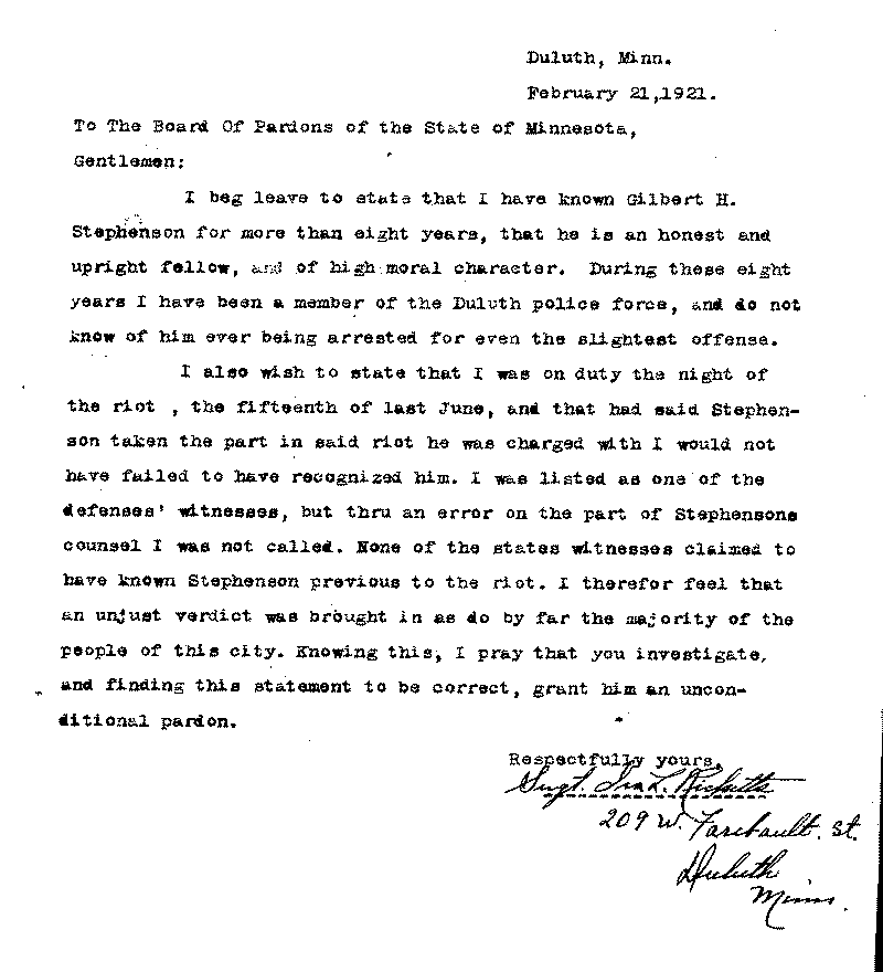 Gilbert Henry Stephenson. Application No. 5151.  Letter from Ira L. Ricketts to Board of Pardons, February 21, 1921.