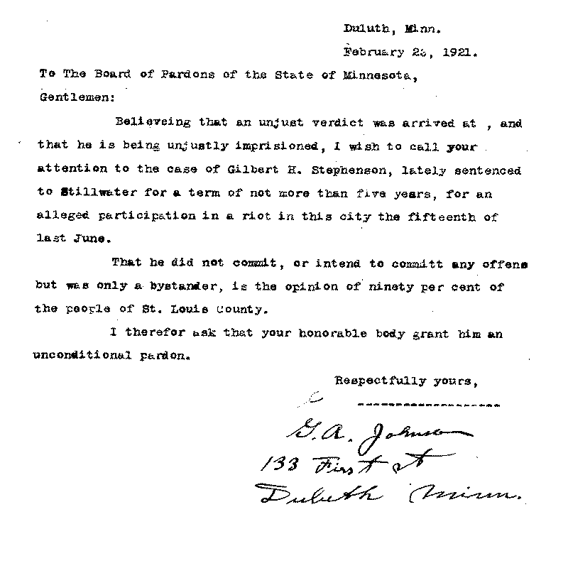 Gilbert Henry Stephenson. Application No. 5151. Letter from G. A. Johnson to Board of Pardons, February 23, 1921.