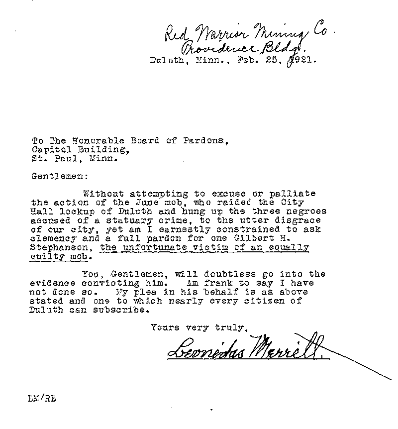 Gilbert Henry Stephenson. Application No. 5151. Letter from Leonidas Merritt to Board of Pardons, February 25, 1921.