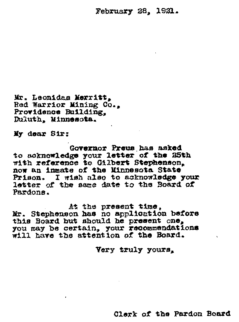 Gilbert Henry Stephenson. Application No. 5151. Letter from Clerk of the Pardon Board to Leonidas Merritt, February 28, 1921.