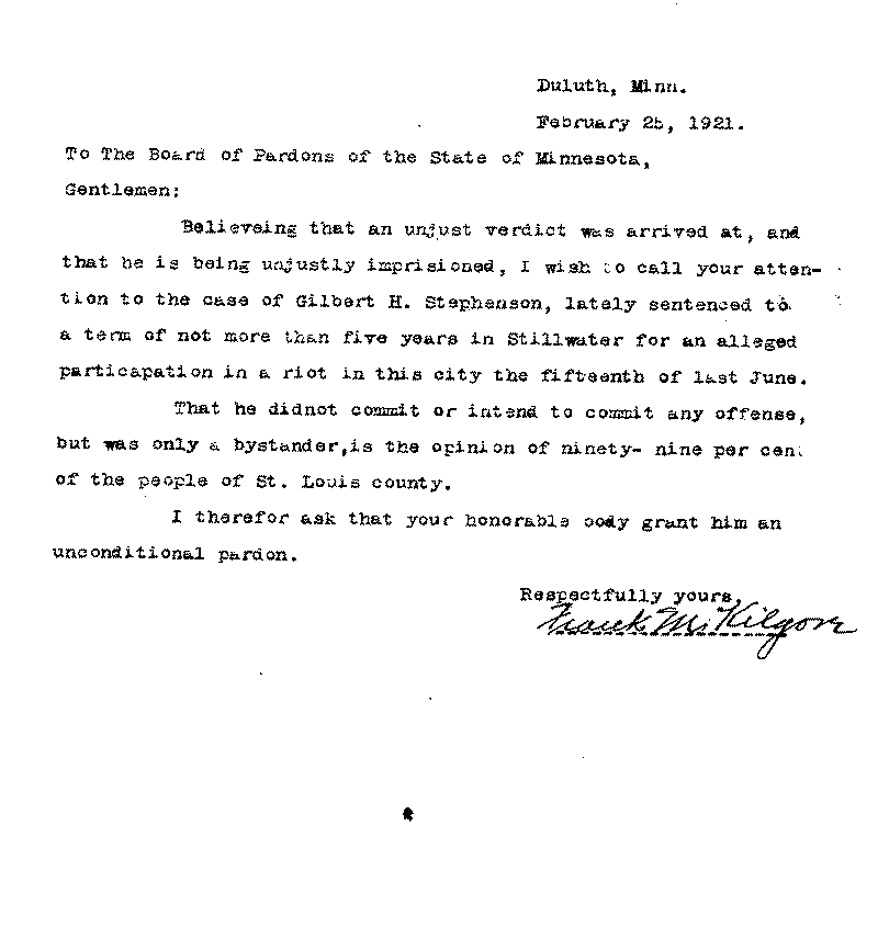 Gilbert Henry Stephenson. Application No. 5151. Letter from Frank M. Kilgore to Board of Pardons, February 25, 1921.