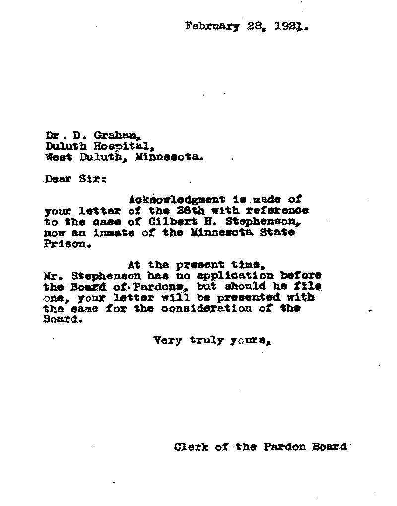 Gilbert Henry Stephenson. Application No. 5151. Letter from Clerk of the Pardon Board to D. Graham, February 28, 1921.