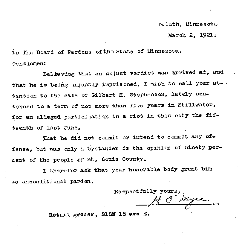 Gilbert Henry Stephenson. Application No. 5151. Letter from H. O. Myre to Board of Pardons, March 2, 1921.