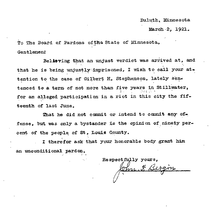 Gilbert Henry Stephenson. Application No. 5151. Letter from John F. Bergin to Board of Pardons, March 2, 1921.