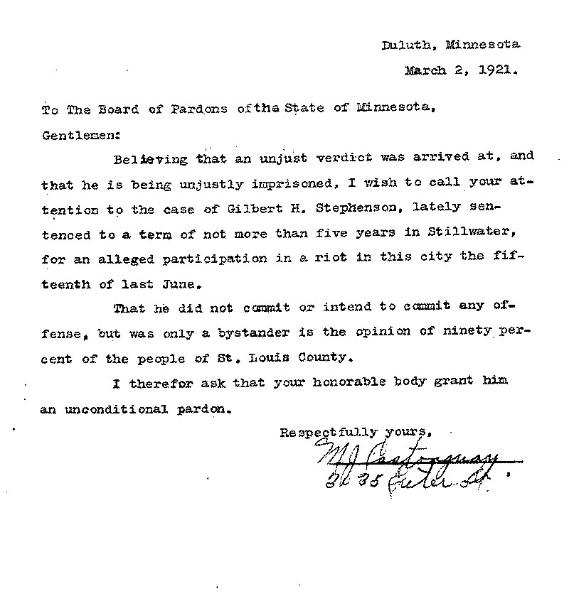 Gilbert Henry Stephenson. Application No. 5151. Letter from M. J. Castonguay to Board of Pardons, March 2, 1921.